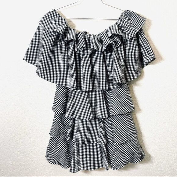 MLM Label Gingham Tiered Ruffle Off Shoulder Black and White Mini Dress - Picture 2 of 14